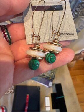 NWT Robert Lee Morris Malachite and Beads Gold Tone Dangle French Wire Earrings